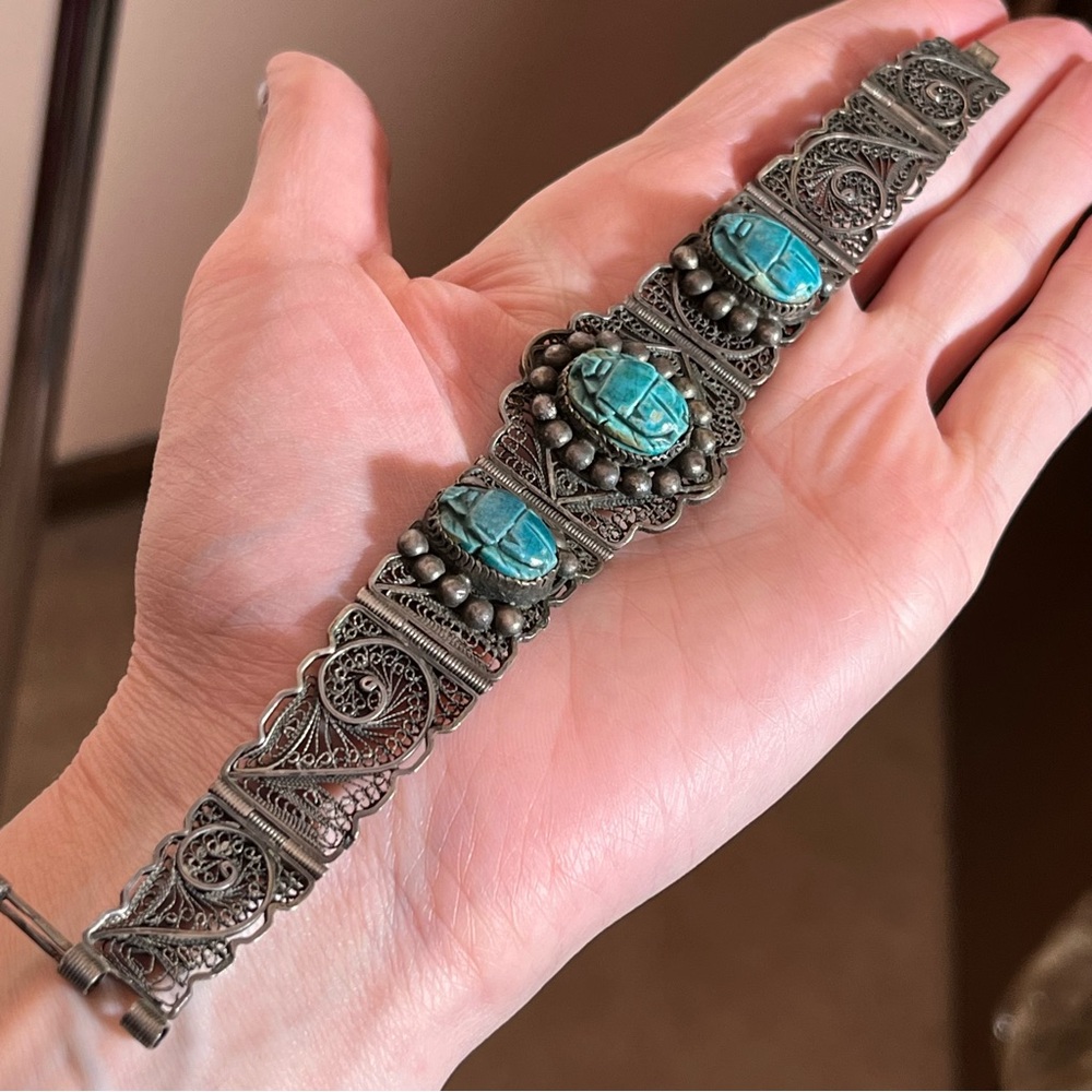 Antique Art Deco Sterling Silver Egyptian turquoise Scarab Beetle wide Bracelet - Picture 6 of 17